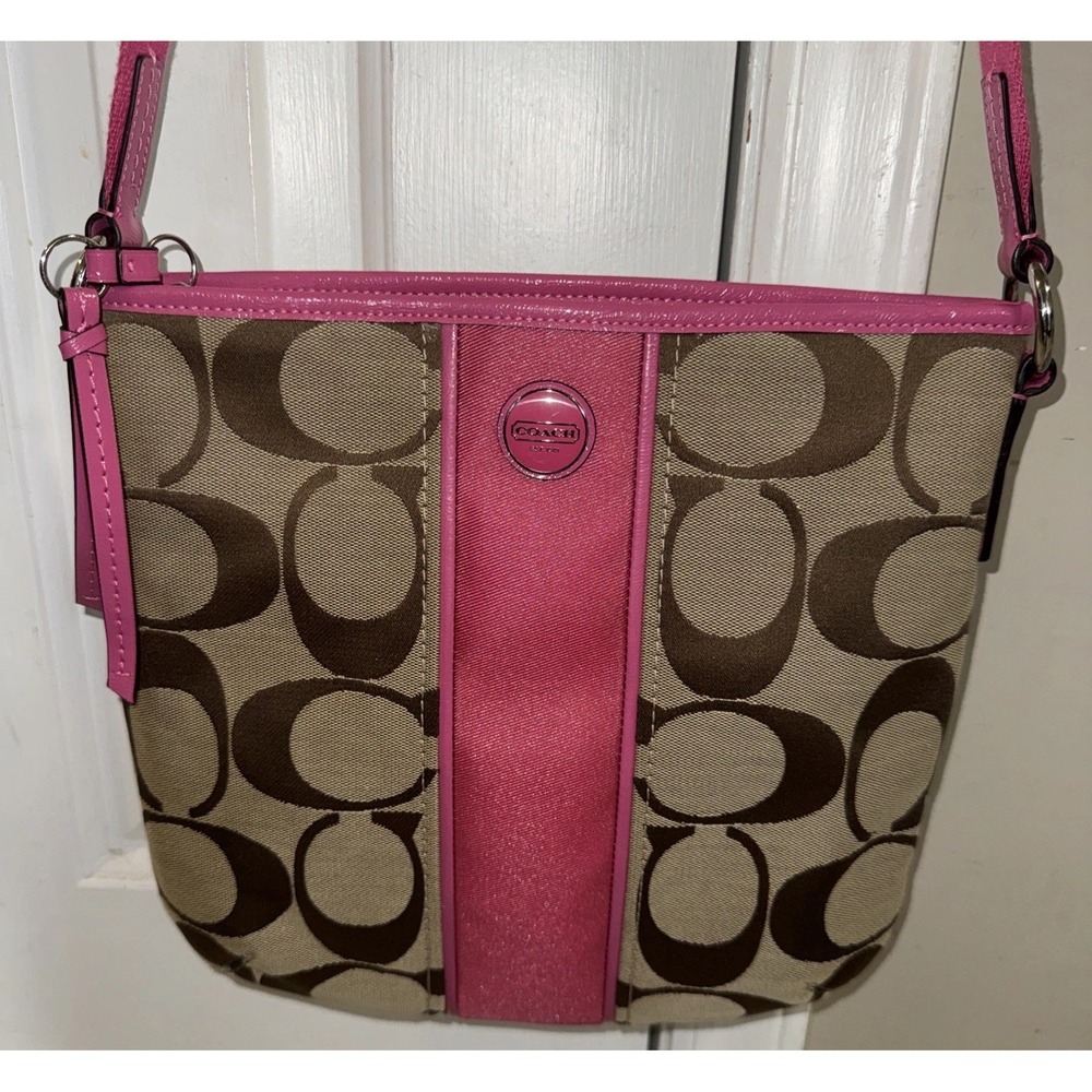 Coach Canvas Pink Crossbody Bag Signature Purse Tote W/ Adjustable Strap - Picture 2 of 12